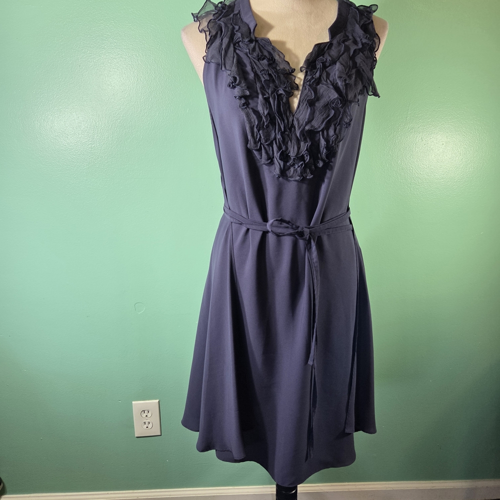 Zara Navy Blue Ruffled V-Neck Sleeveless Dress Size L